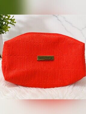 NWT Nautica Embossed Logo Cosmetic Bag Makeup Travel Case Bright Red Zip Pouch